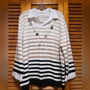 Alfred Dunner Striped Sweater With Faux Shirt Women’s Plus Size 2X